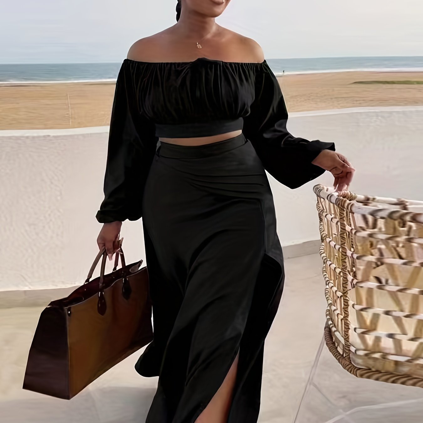 Casual Off Shoulder Tops & High Waist Skirts Set