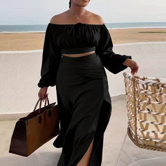 Casual Off Shoulder Tops & High Waist Skirts Set