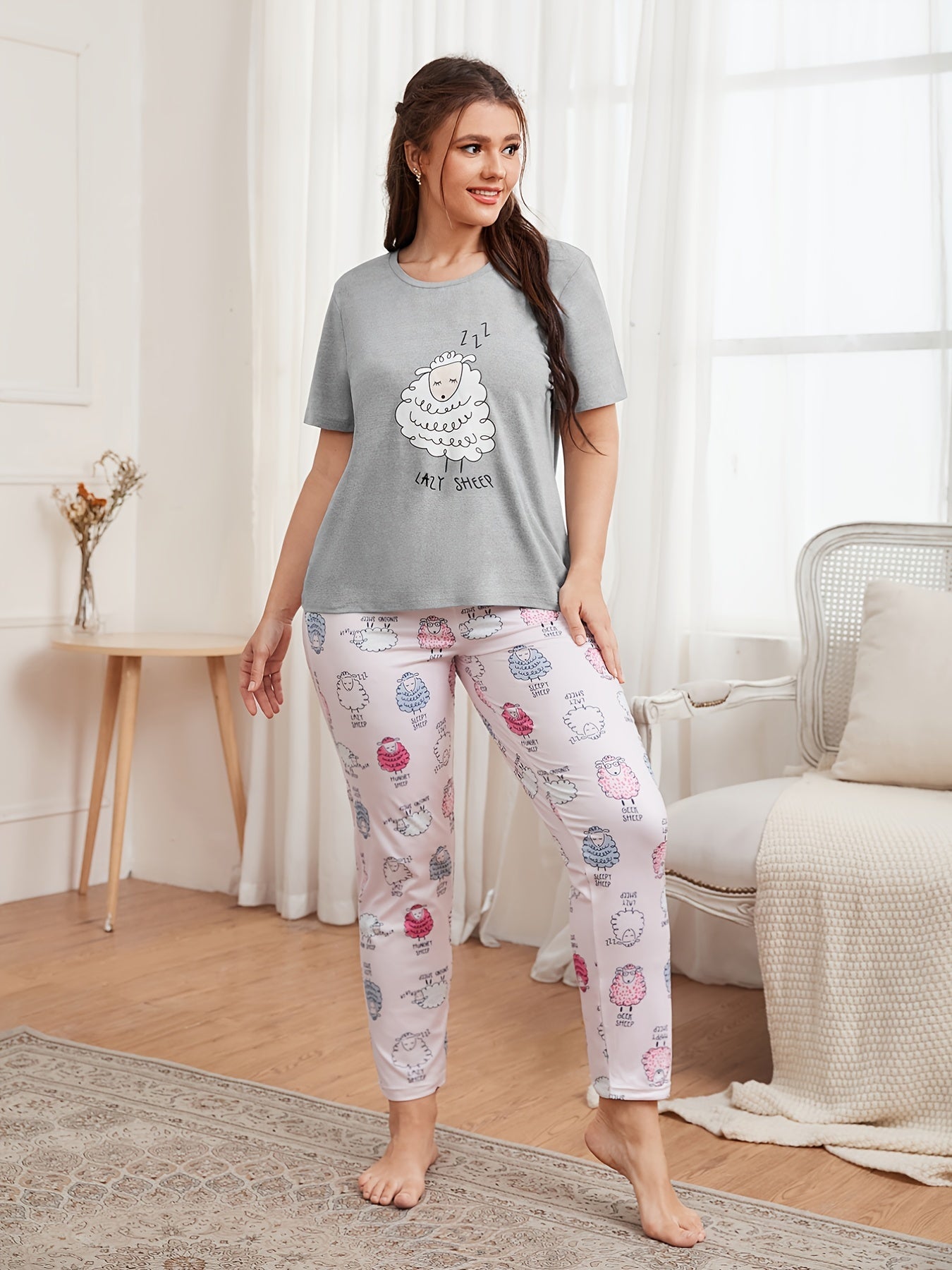Women's Plus Sheep Print Tee & Pants Lounge Set