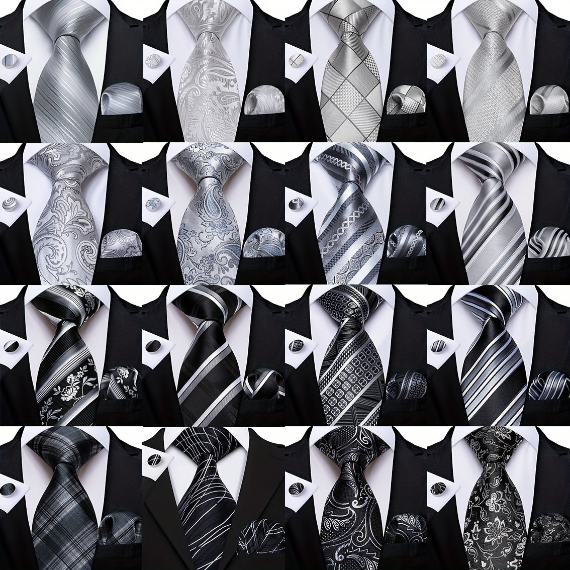 Grey Tie Set Necktie Handkerchief Cufflinks for Party Gift