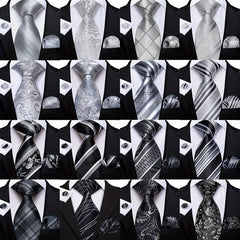 Grey Tie Set Necktie Handkerchief Cufflinks for Party Gift