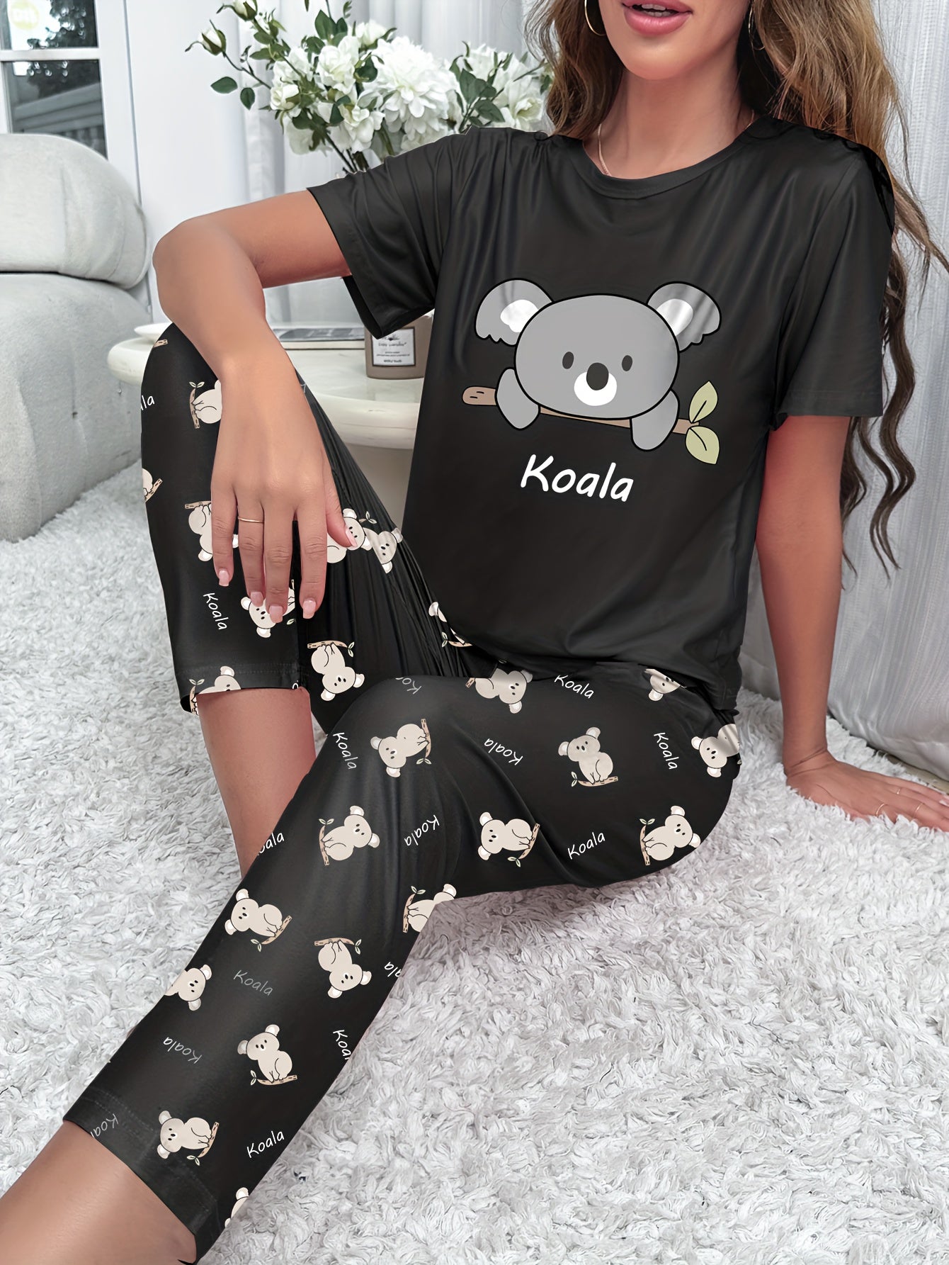Koala Print Pajama Set Short Sleeve Top & Pants