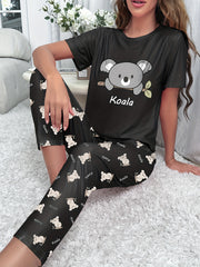 Koala Print Pajama Set Short Sleeve Top & Pants