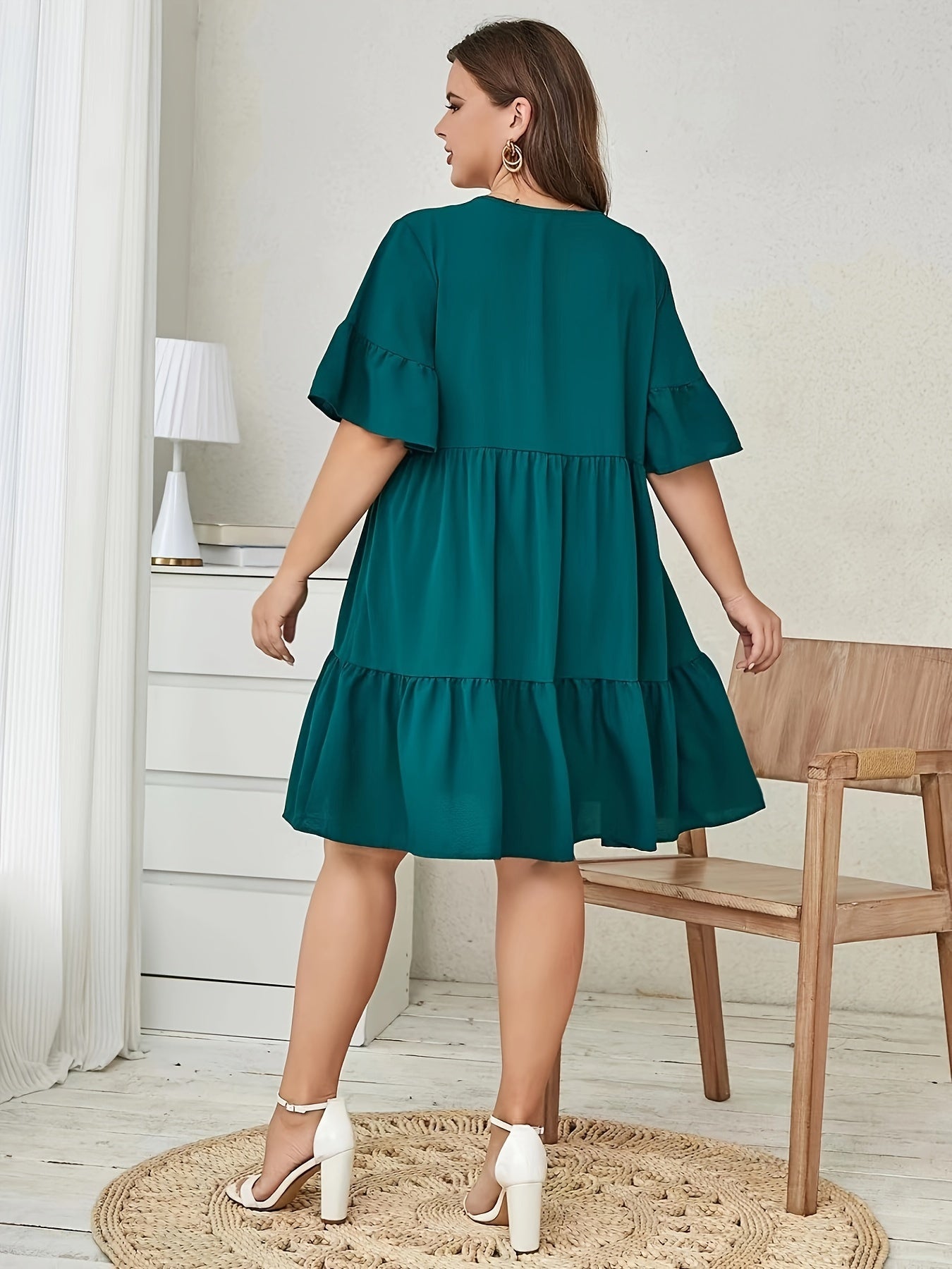 Bell Sleeve V Neck Smock Dress