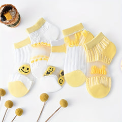 5pairs Baby Boys Kids Mesh Breathable Short Socks Cartoon Smile Face Pattern