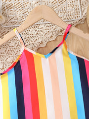Girls Rainbow Stripes Print Cami Dress Beach Party Holiday Kids Summer Clothes