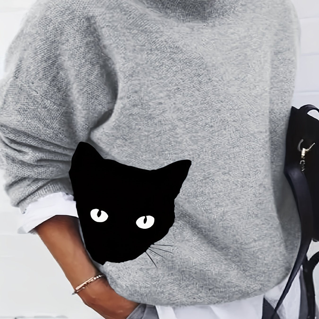 Cat Print Casual Sweater Round Neck Jumper