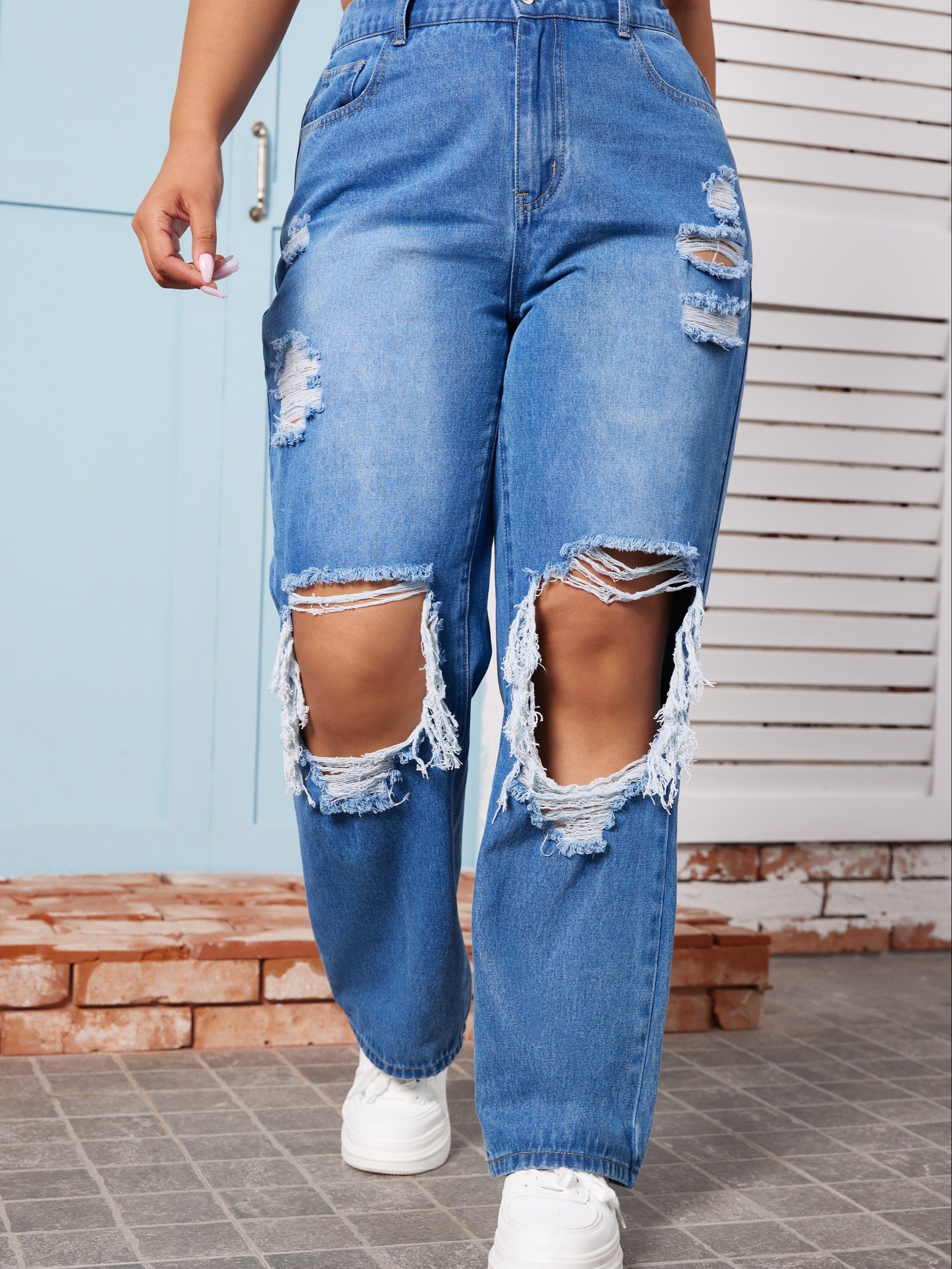 Street Jeans Washed Ripped Cut Out Button Fly Straight Leg