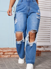 Street Jeans Washed Ripped Cut Out Button Fly Straight Leg