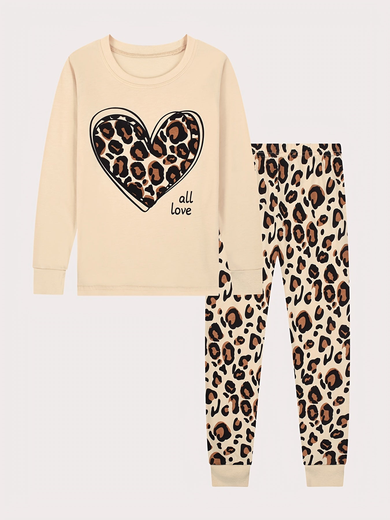 Leopard Pattern Pajamas Long Sleeve Top & Pants Set Heart Print Loungewear