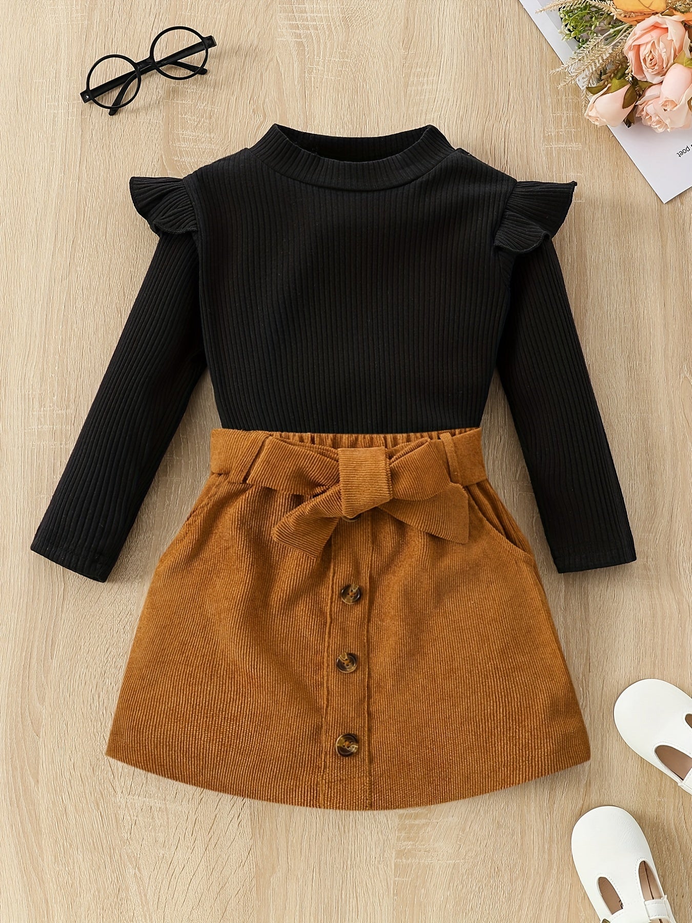 Girl's Corduroy 2pcs Ruffle Top & Skirt Set for Spring Autumn