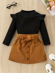 Girl's Corduroy 2pcs Ruffle Top & Skirt Set for Spring Autumn