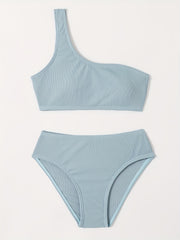 Girl's Solid Bikini Set One Shoulder Tank Top & Briefs