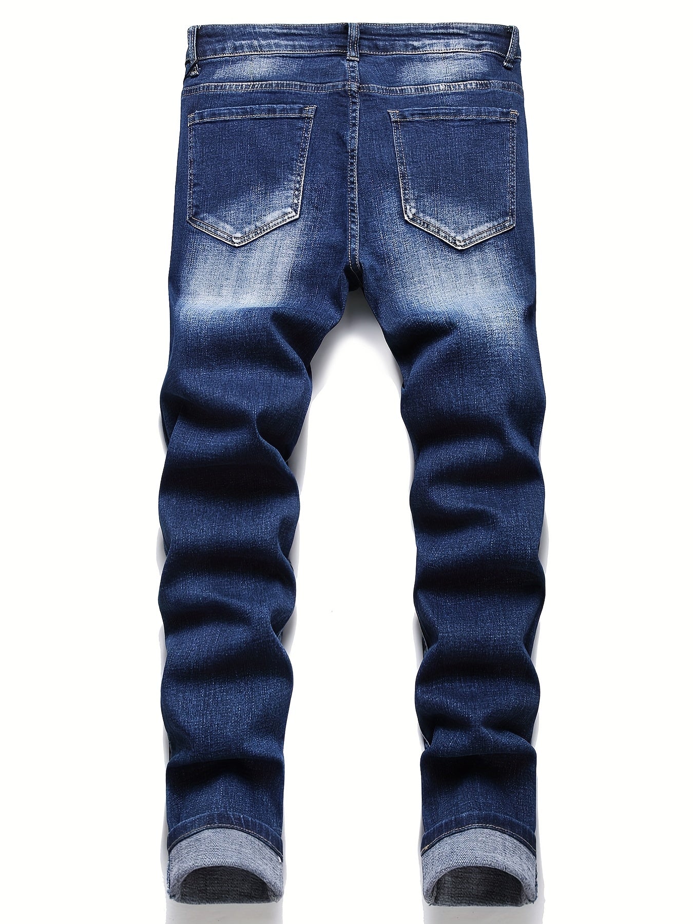 Navy Washed Slim Fit Jeans Men's Casual Street Style High Stretch Denim Pants