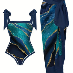 Marble Print Tie Shoulder 2 Piece Set Swimsuit High Cut One Piece Bathing suit