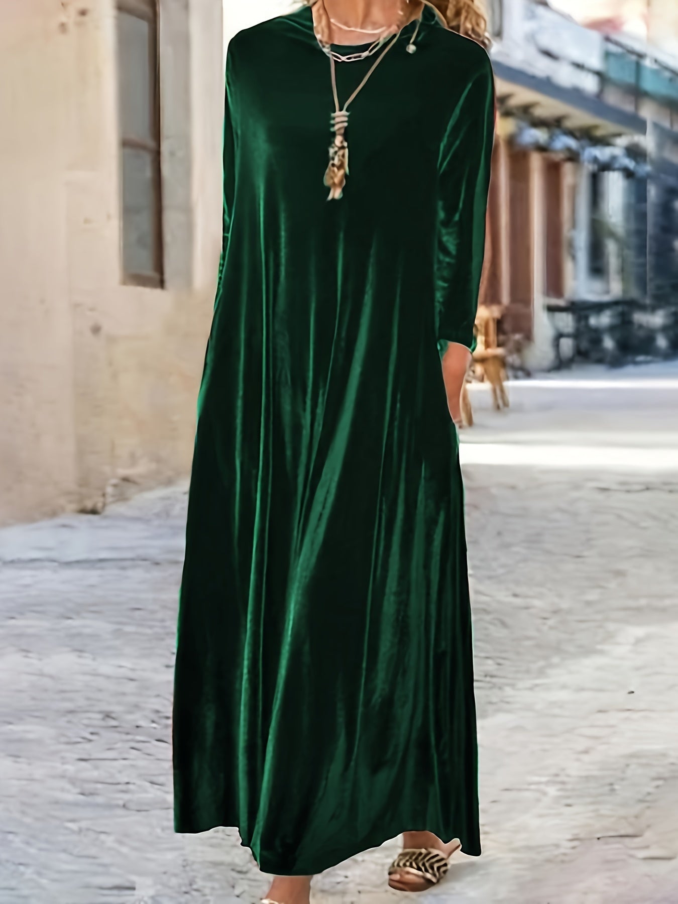 Solid Velvet Long Sleeve Maxi Dress
