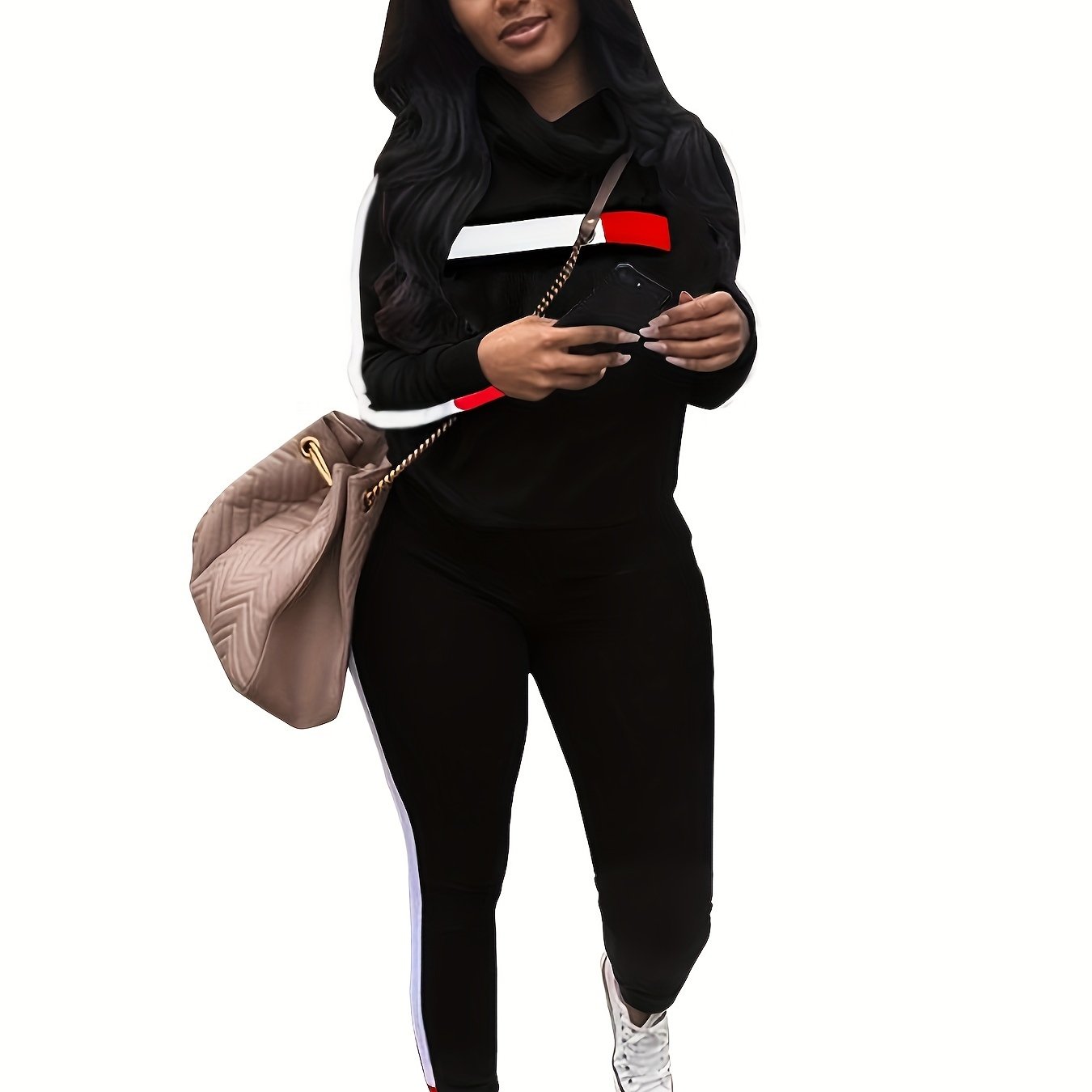 Contrast Panel Chimney Neck Sweatshirt & Sweatpants Set Plus Size