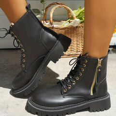Women's Solid Combat Boots Lace Up Side Zipper Ankle Boots