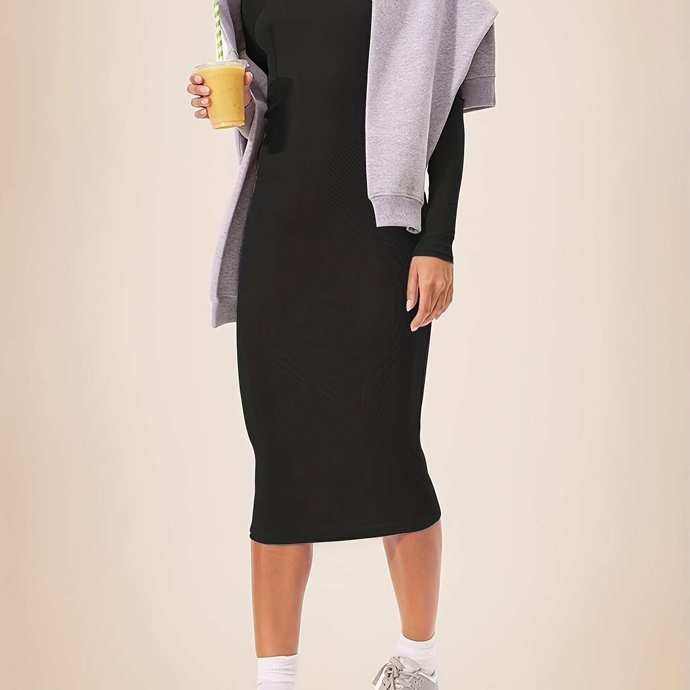 Solid Long Sleeve Round Neck Midi Slim Fit Dress