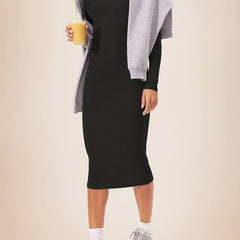 Solid Long Sleeve Round Neck Midi Slim Fit Dress
