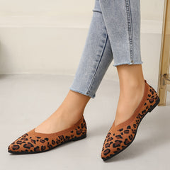 Leopard Pattern Ballet Shoes Pointed Toe Knitting Flat Slip On Shoes
