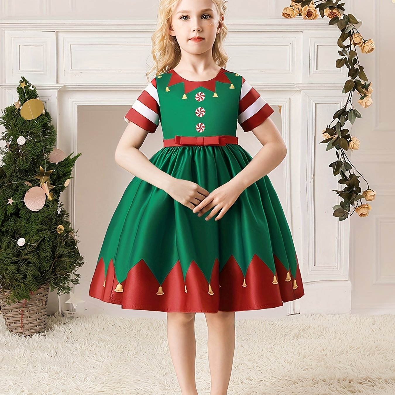 Christmas Princess Dress Short Sleeve A Line Dress Kids Cosplay Costume