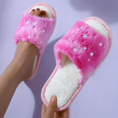 Women's Bling Star Fluffy Slippers Cozy & Warm Open Toe Indoor Shoes