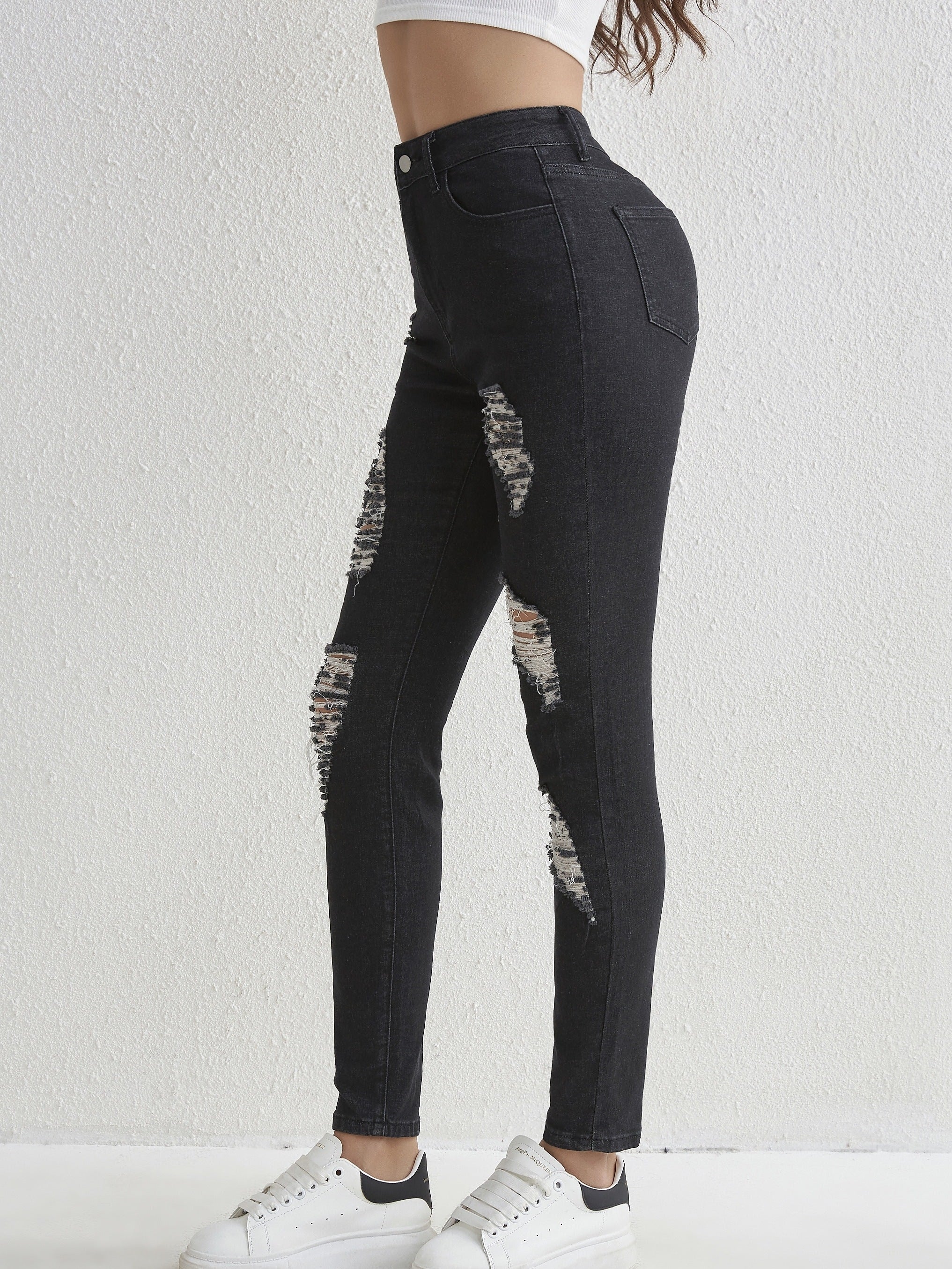 Ripped Holes Skinny Jeans Slim Fit Slash Pockets High Stretch Casual Denim Pants