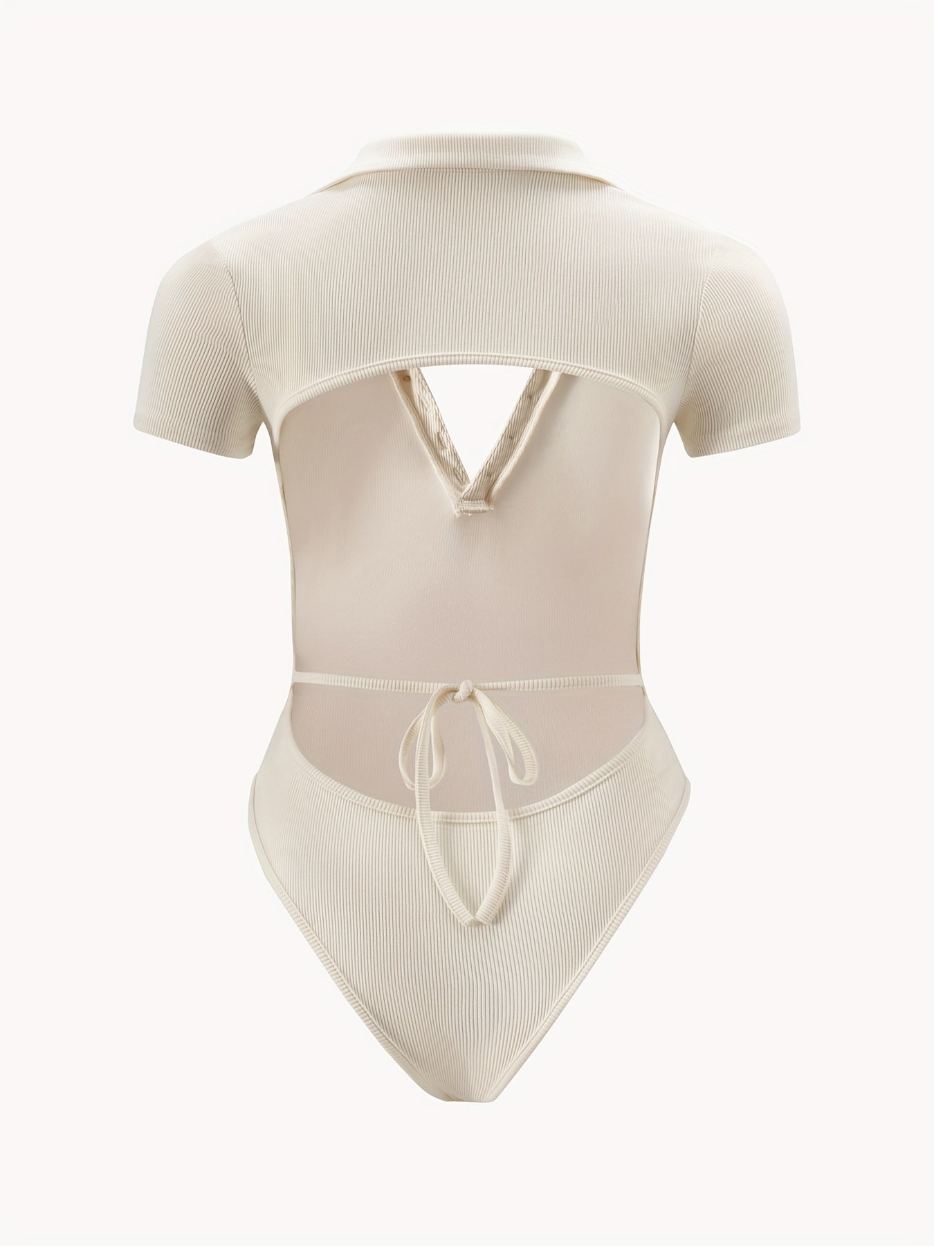 Solid Button V Neck Tie Bodysuit Sexy Short Sleeve Backless Bodysuit