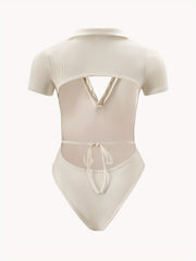 Solid Button V Neck Tie Bodysuit Sexy Short Sleeve Backless Bodysuit