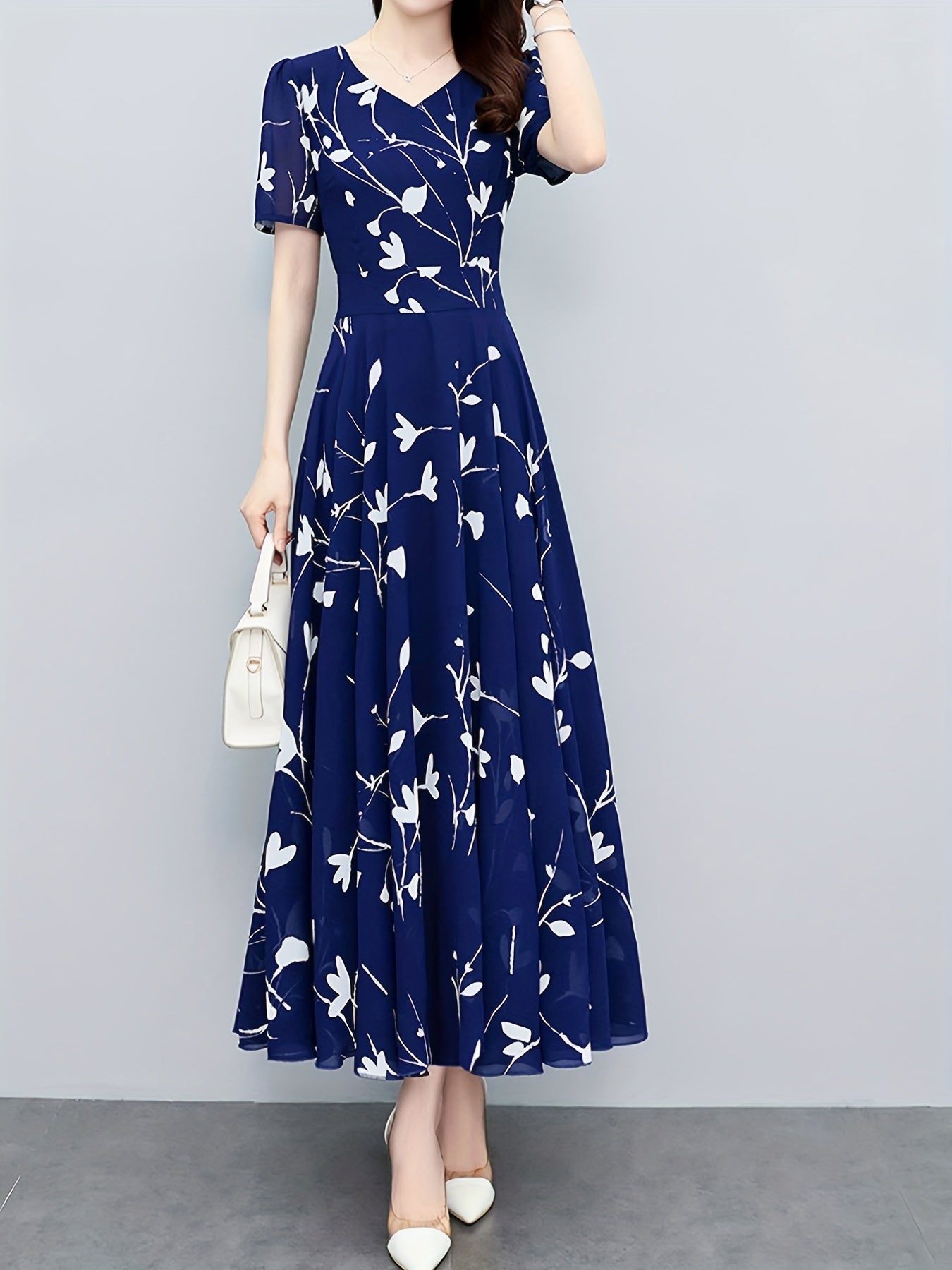 Floral Print Pleated Dress V Neck Maxi Dress Women's Clothing