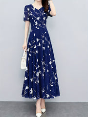 Floral Print Pleated Dress V Neck Maxi Dress Women's Clothing