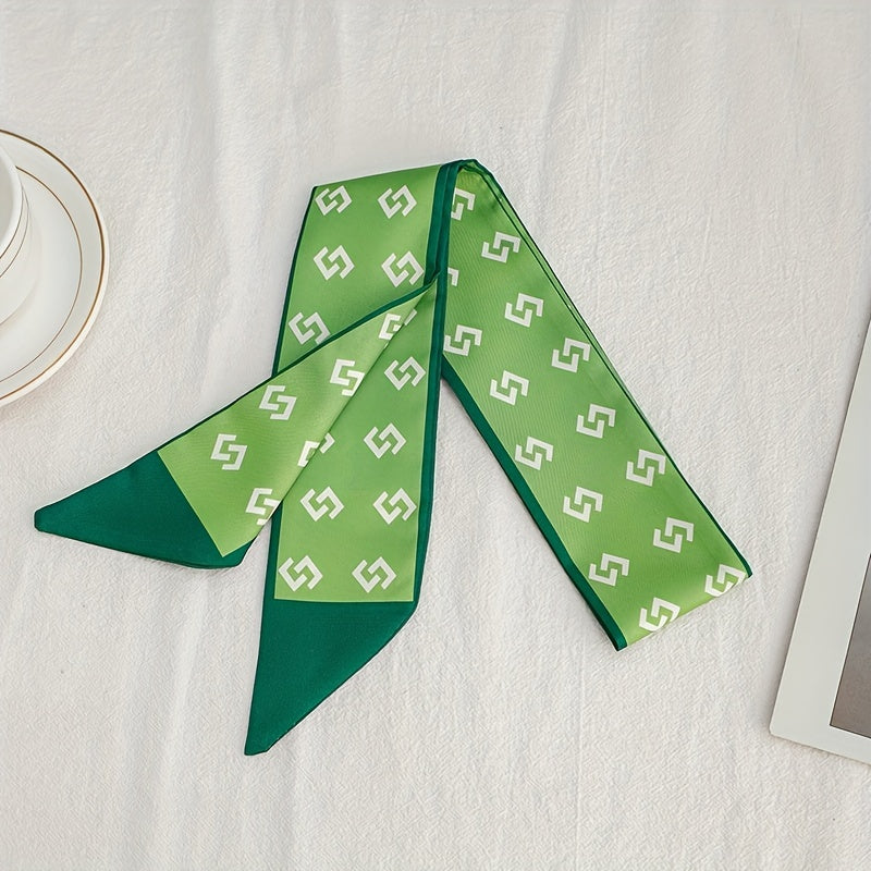 Green Geometric Print Skinny Satin Twilly Scarf Hair Ribbon Neckerchief