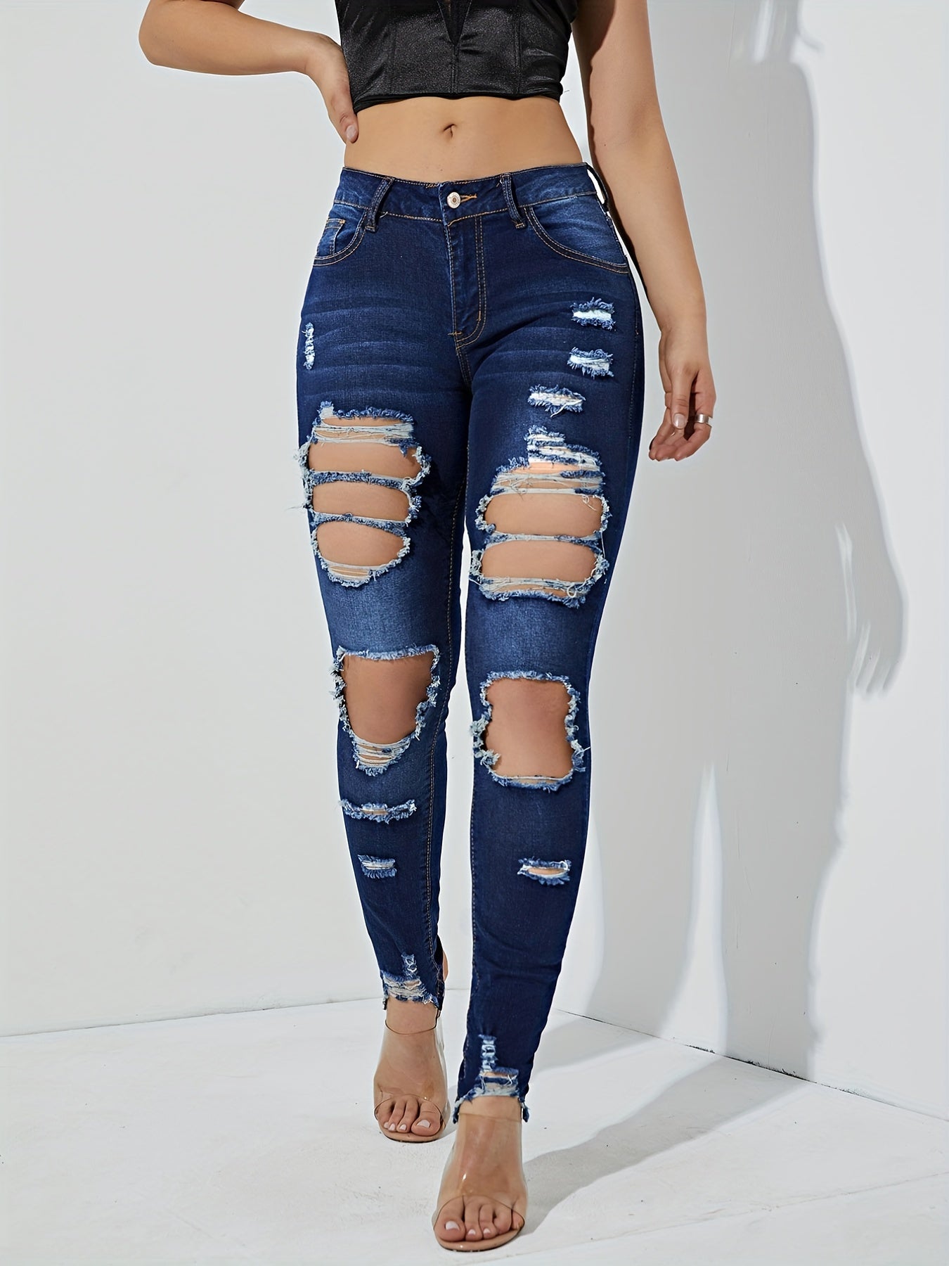 High Waist Distressed Skinny Jeans Slash Pockets Tight Fit