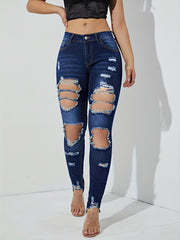 High Waist Distressed Skinny Jeans Slash Pockets Tight Fit