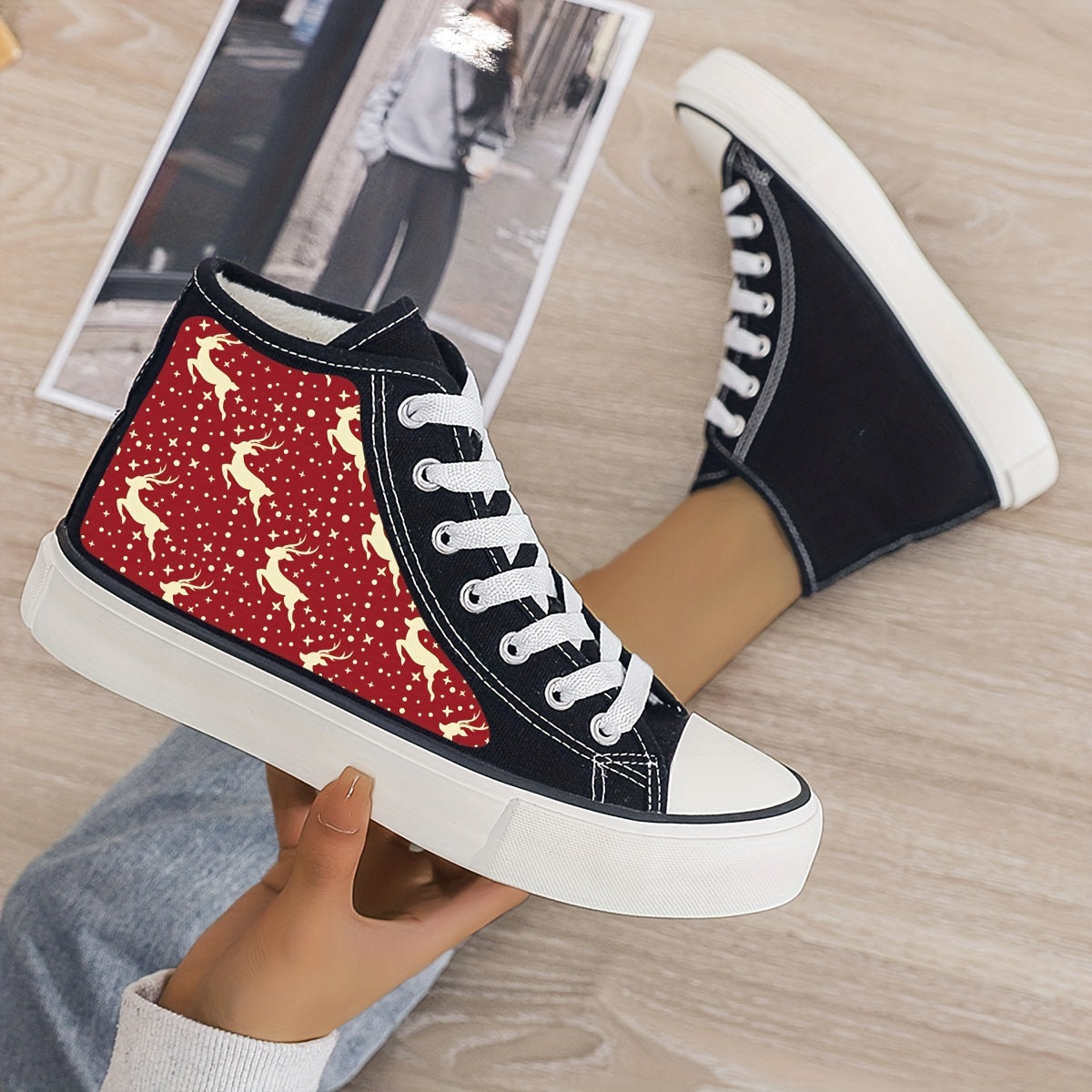Christmas Reindeer Plush Lined Thermal Canvas Sneakers