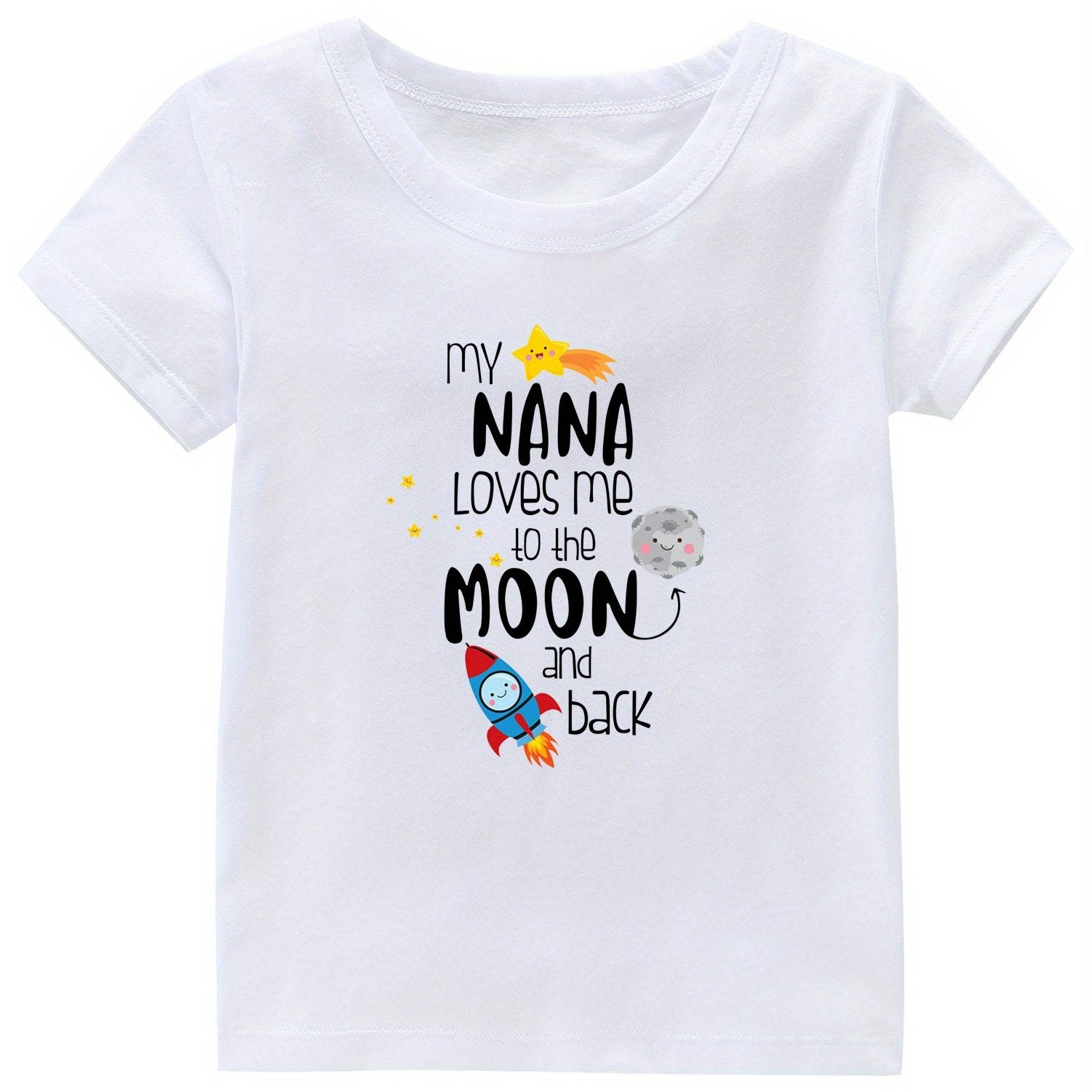 Moon & Rocket Print Girl's Cotton T shirt Breathable Tee For Summer