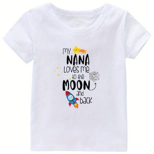 Moon & Rocket Print Girl's Cotton T shirt Breathable Tee For Summer