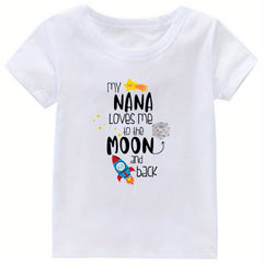 Moon & Rocket Print Girl's Cotton T shirt Breathable Tee For Summer