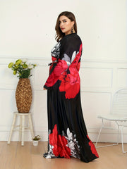 Casual Floral Print V Neck Maxi Dress With Belt