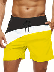 Block Pattern Print Men's Swim Trunks Quick Dry Drawstring Beach Shorts