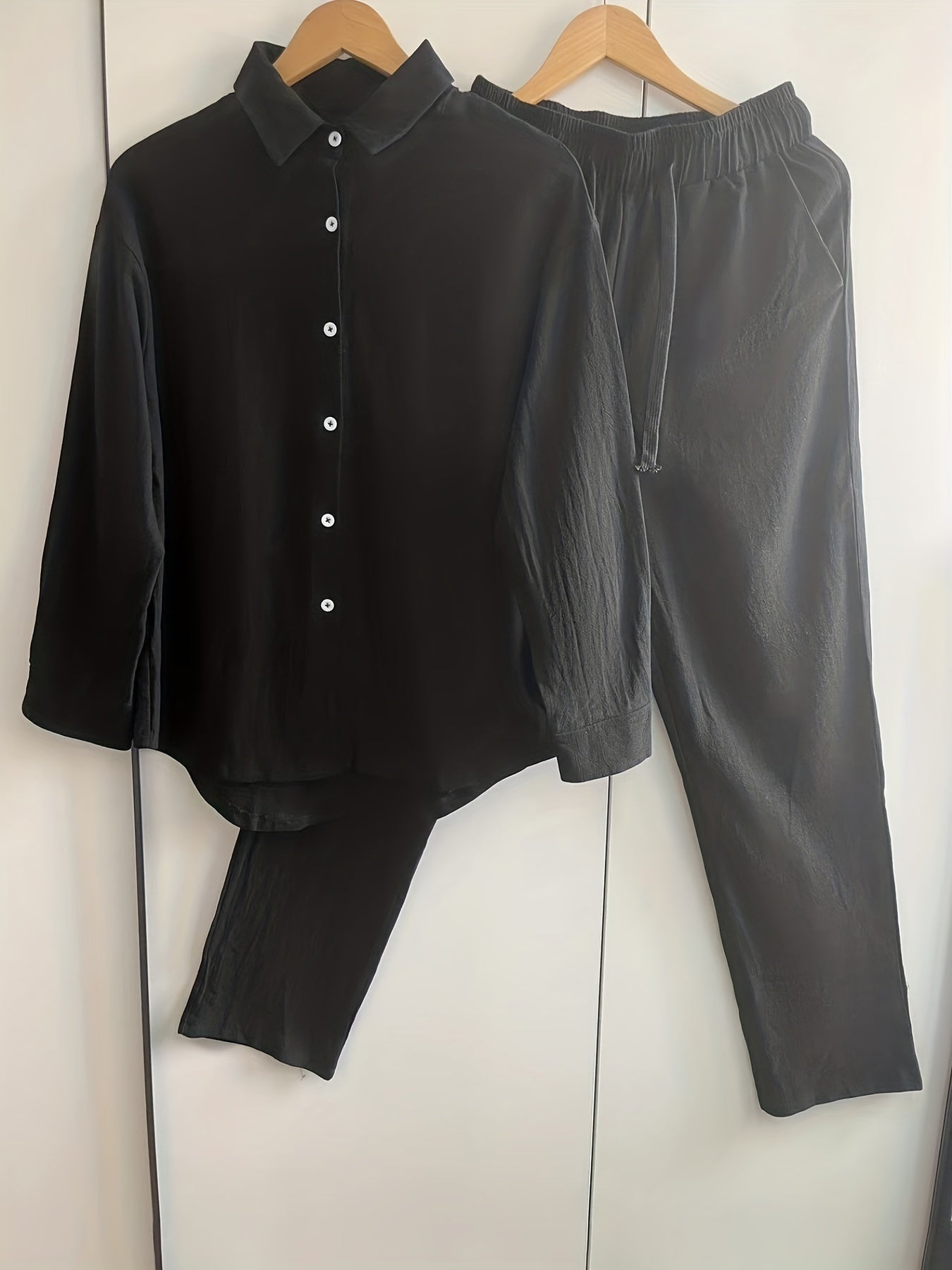 Solid Matching Two piece Set Long Sleeve Shirt & Casual Pants