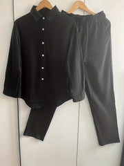 Solid Matching Two piece Set Long Sleeve Shirt & Casual Pants