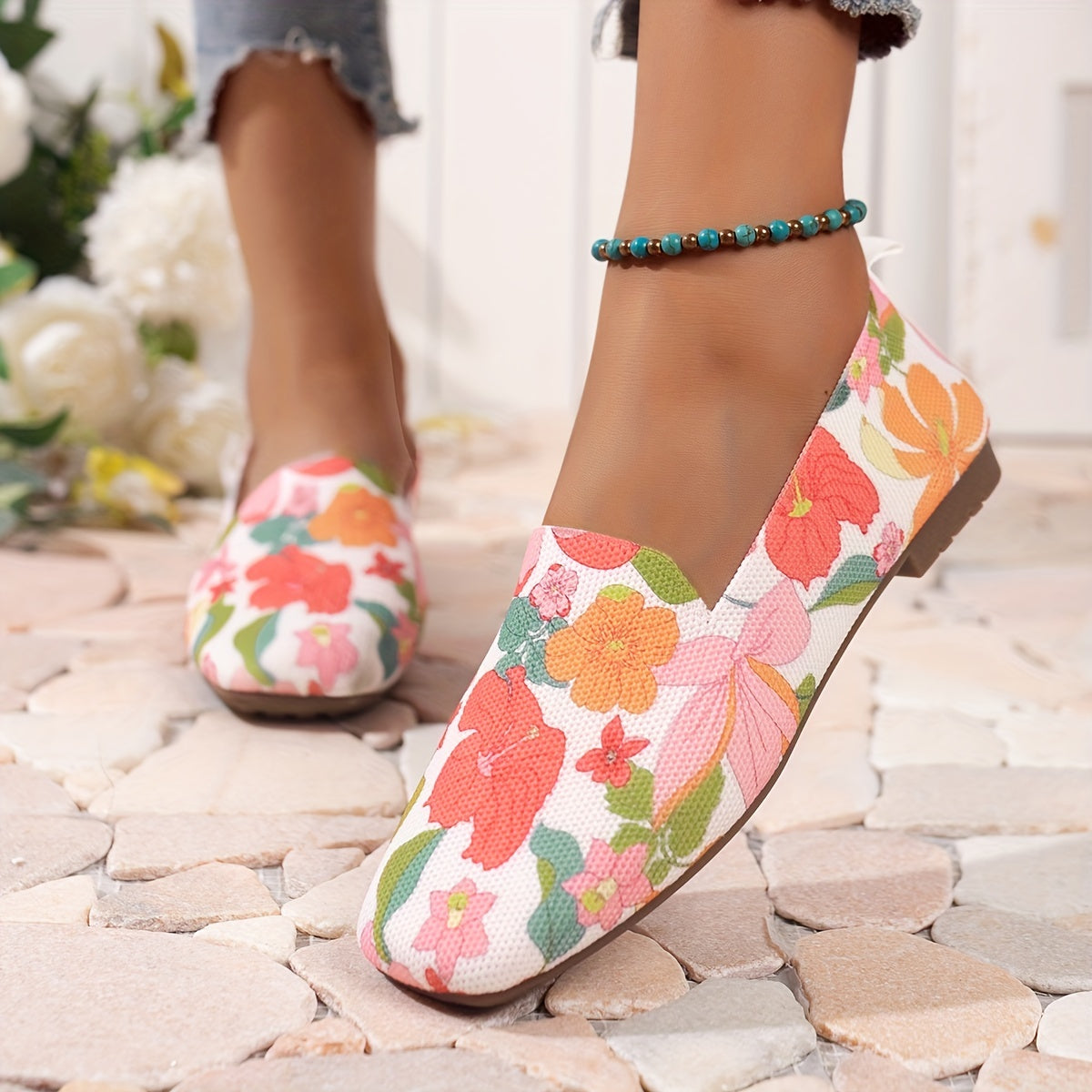 Women's Flower Pattern Flat Shoes Breathable Knit Square Toe Shoes