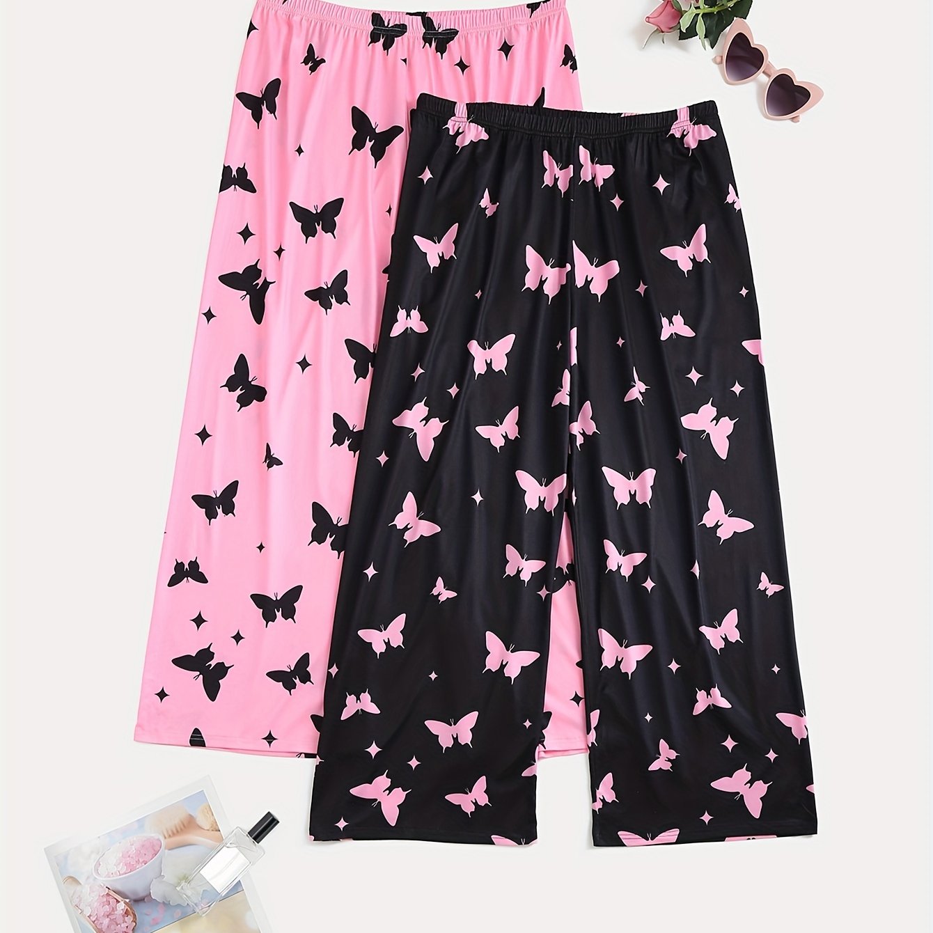 2 Pack Plus Size Y2K Sleep Bottoms Set Women's Plus Butterfly Print