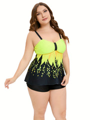 Women's Plus House Print Tankini Set Ruched Tank Top & Shorts