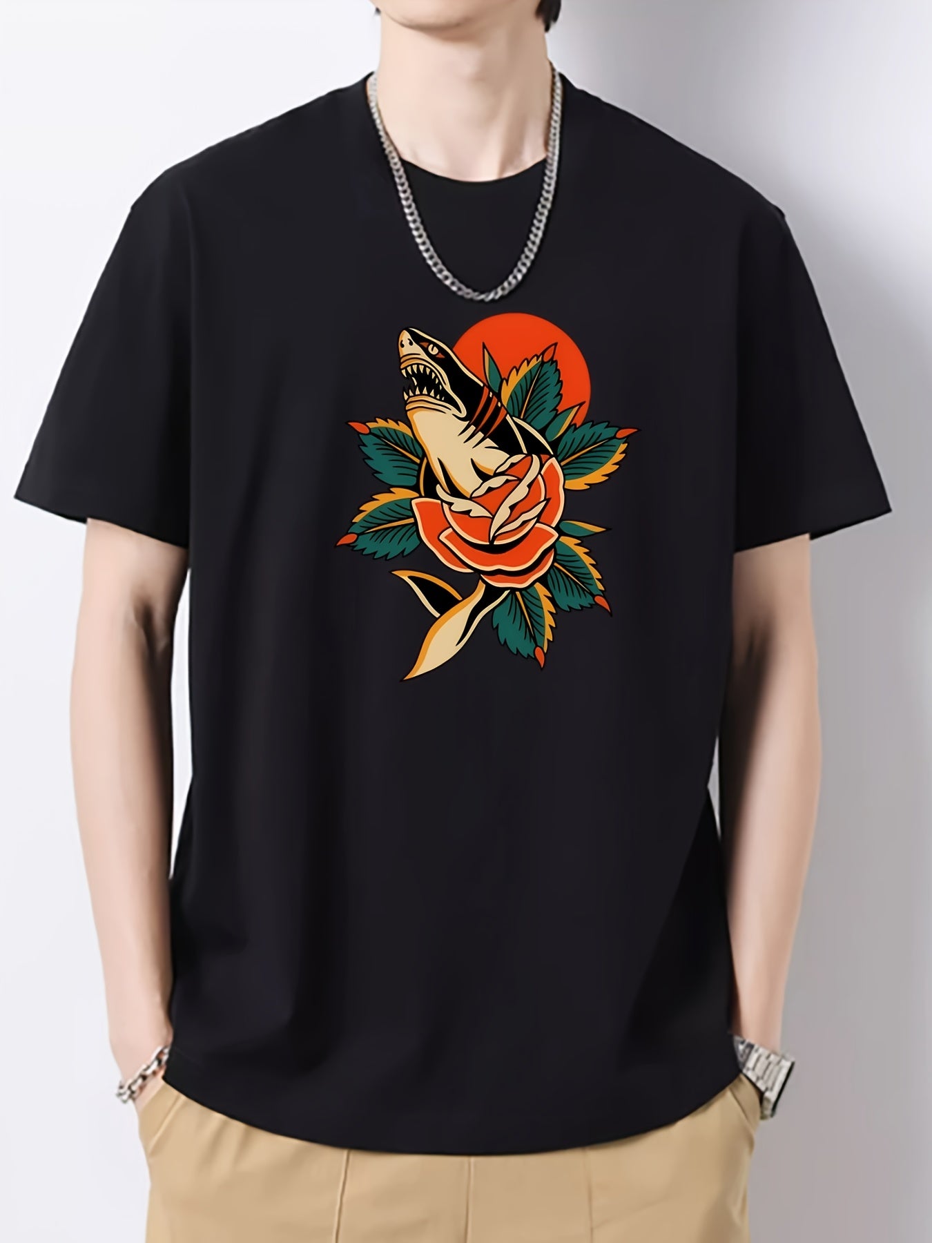 Flower & Shark Pattern Men's Cotton Crew Neck T-shirt