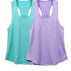 2pcs Solid Running Casual Sports Racerback Tank Top Women's Summer Tops