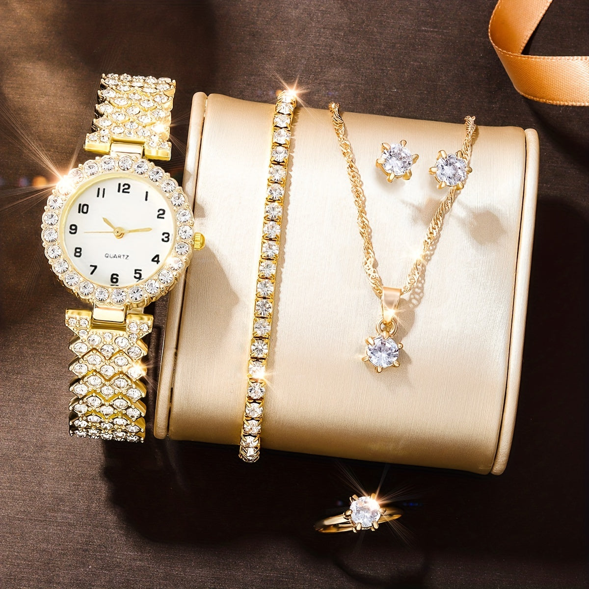 Kids Rhinestone Quartz Analog Watch & Jewelry Set