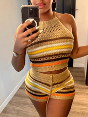 Striped Print Two piece Set Y2K Halter Top & Shorts